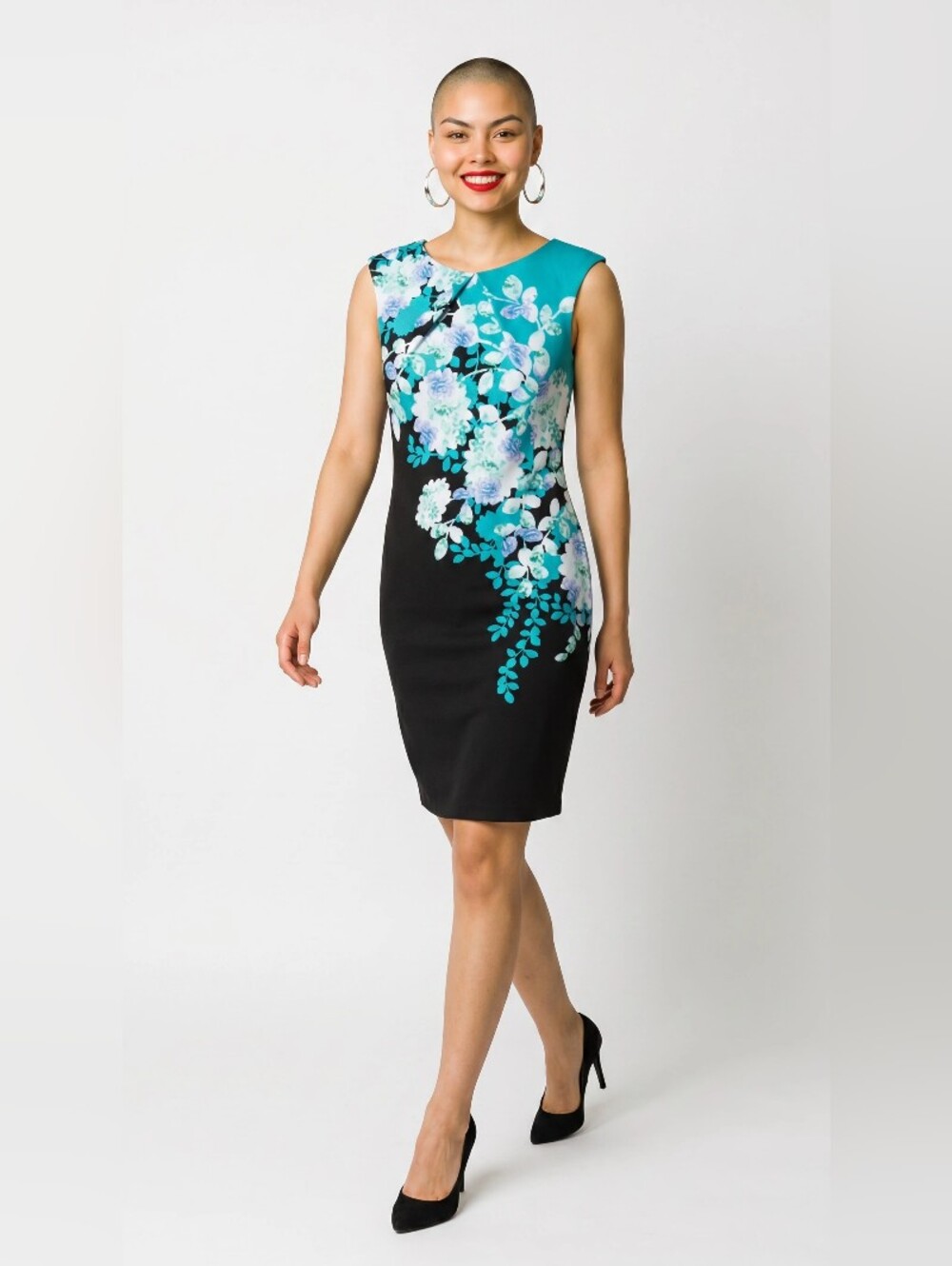 NEW YORK & COMPANY Floral Teal & Black Sheath Dress SIZE 4